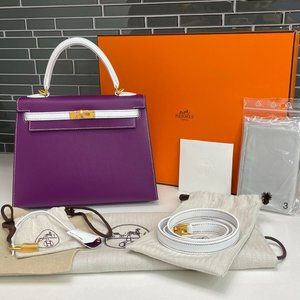NIB HERMES HSS Kelly 25 Epsom SO "Anemone" & White "Blanc" Brushed Gold HW